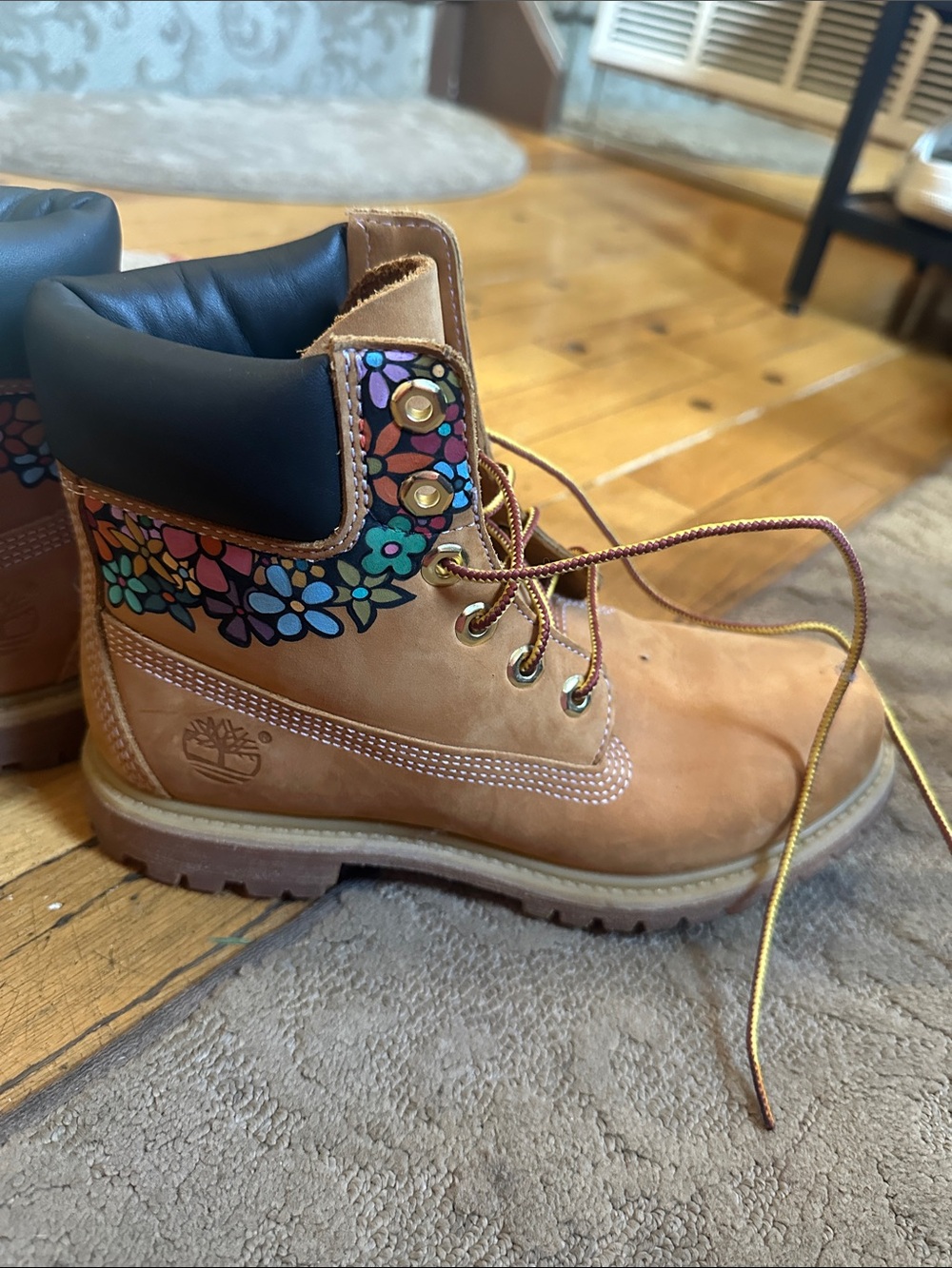 Timberland girls Wheat Boots with Multicolor Floral Collar, hand painted details